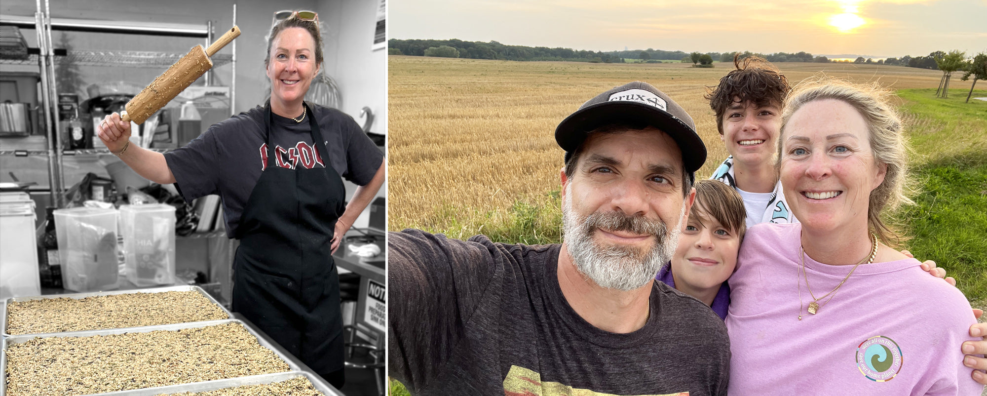 family photo of dad mom and two boys outdoors in a field plus image of mom baking granola posing with rolling pin