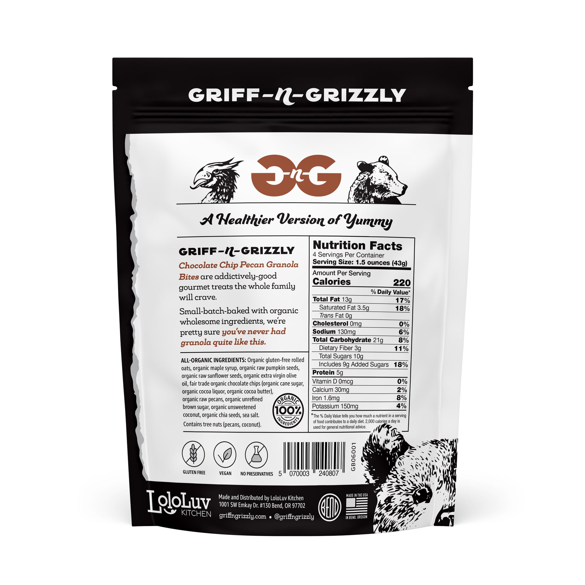 back panel of the Griff-n-Grizzly chocolate chip granola bites 6oz bag