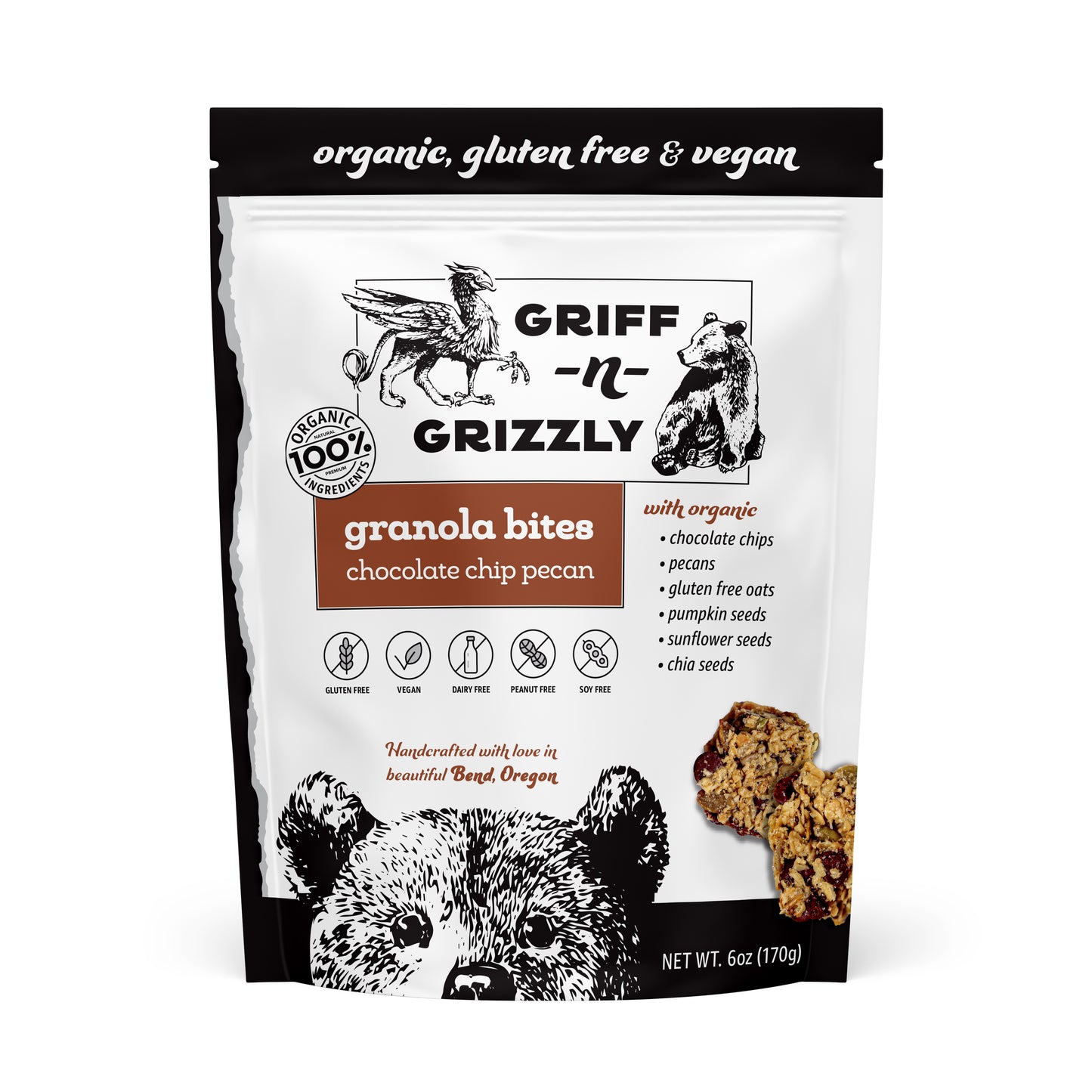 front panel of the Griff-n-Grizzly chocolate chip granola bites 6oz bag