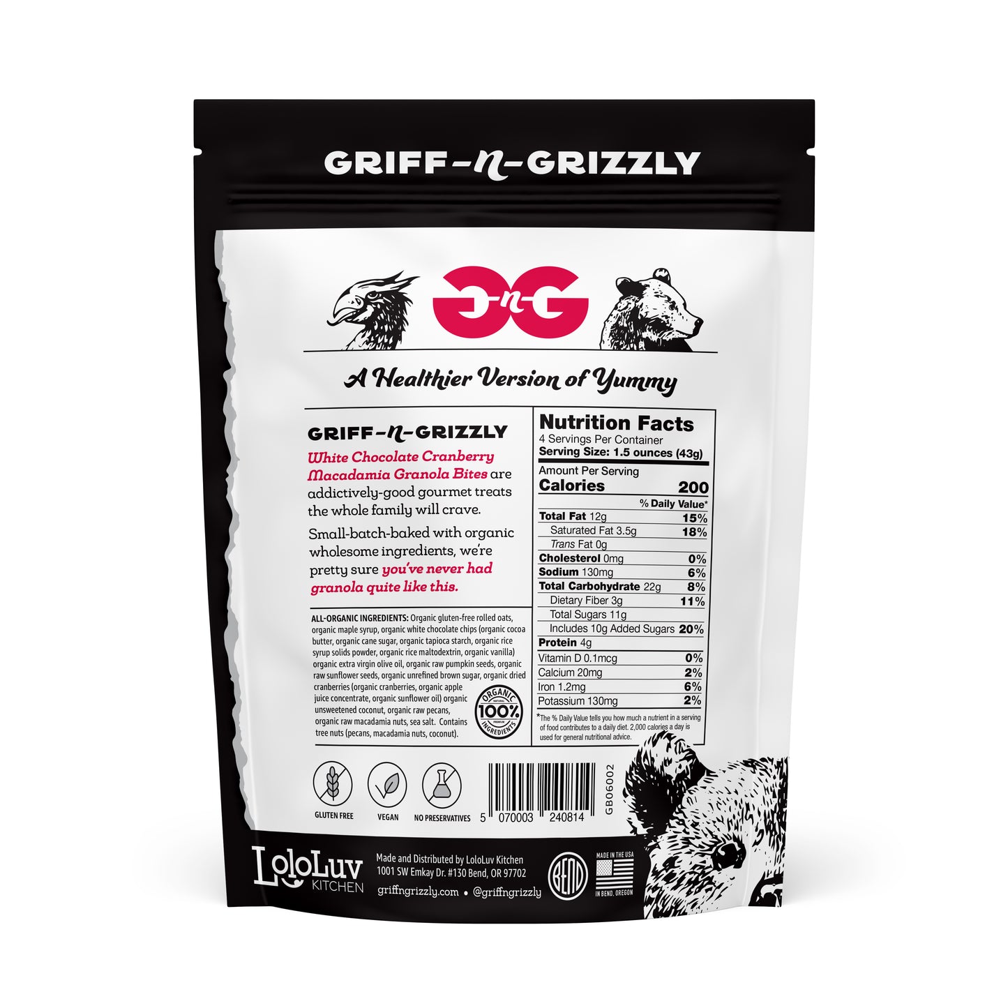 back panel of the Griff-n-Grizzly white chocolate cranberry macadamia granola bites 6oz bag