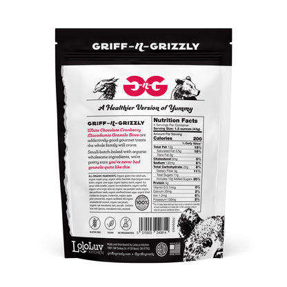 back panel of the Griff-n-Grizzly white chocolate cranberry macadamia granola bites 6oz bag