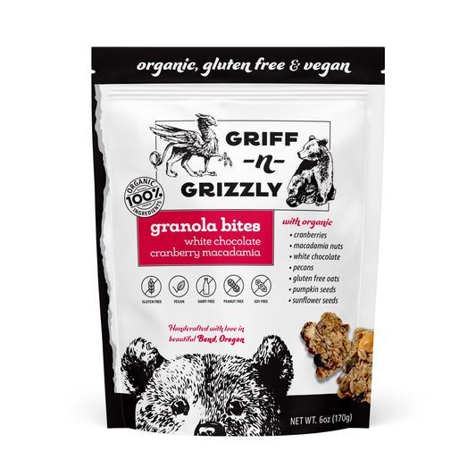 front panel of the Griff-n-Grizzly white chocolate cranberry macadamia granola bites 6oz bag